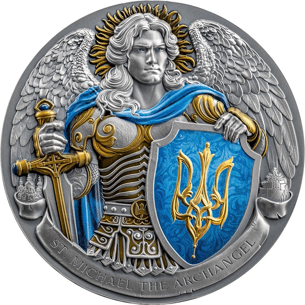 (W160.10.D.2024.5.oz.Ag.3) 10 Dollars Niue 2024 5 oz Antique silver - St. Michael The Patron of Kyiv Reverse (zoom)