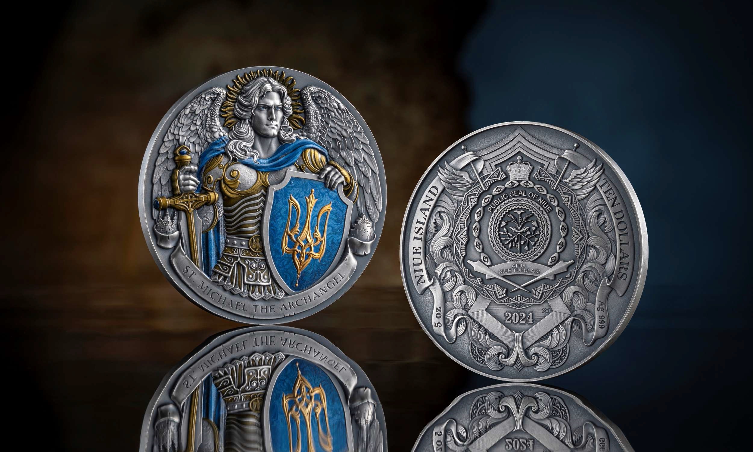 (W160.10.D.2024.5.oz.Ag.3) 10 Dollars Niue 2024 5 oz Antique silver - St. Michael The Patron of Kyiv (blog) (zoom)