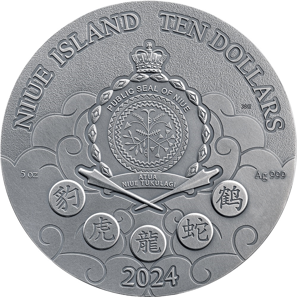 (W160.10.D.2024.5.oz.Ag.4) 10 Dollars Niue 2024 5 oz Antique silver - Shaolin Kung Fu Obverse (zoom)
