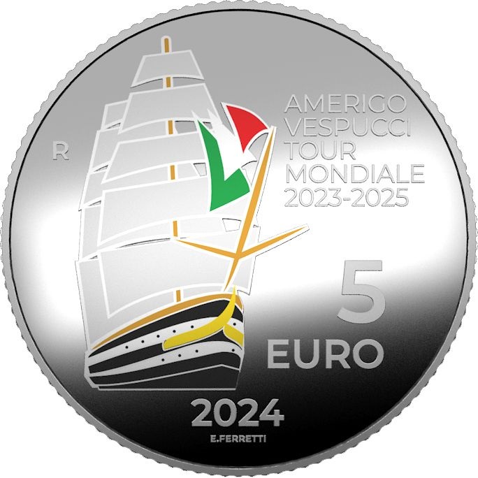 (EUR10.Proof.2024.48-2ms10-24p010) 5 € Italy 2024 Proof silver - World Tour 2023-2025 of the Ship Amerigo Vespucci R (zoom)