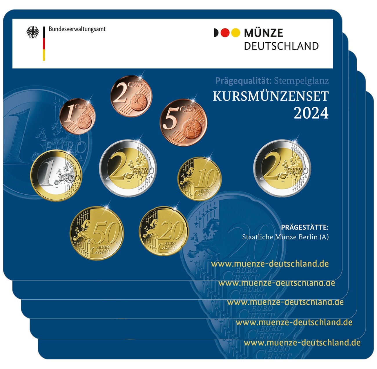 (LOT.EUR03.BU.sets.2024.A.to.J.90um24n) BU coin sets Germany 2024 (all 5 Mints A, D, F, G & J) (zoom)