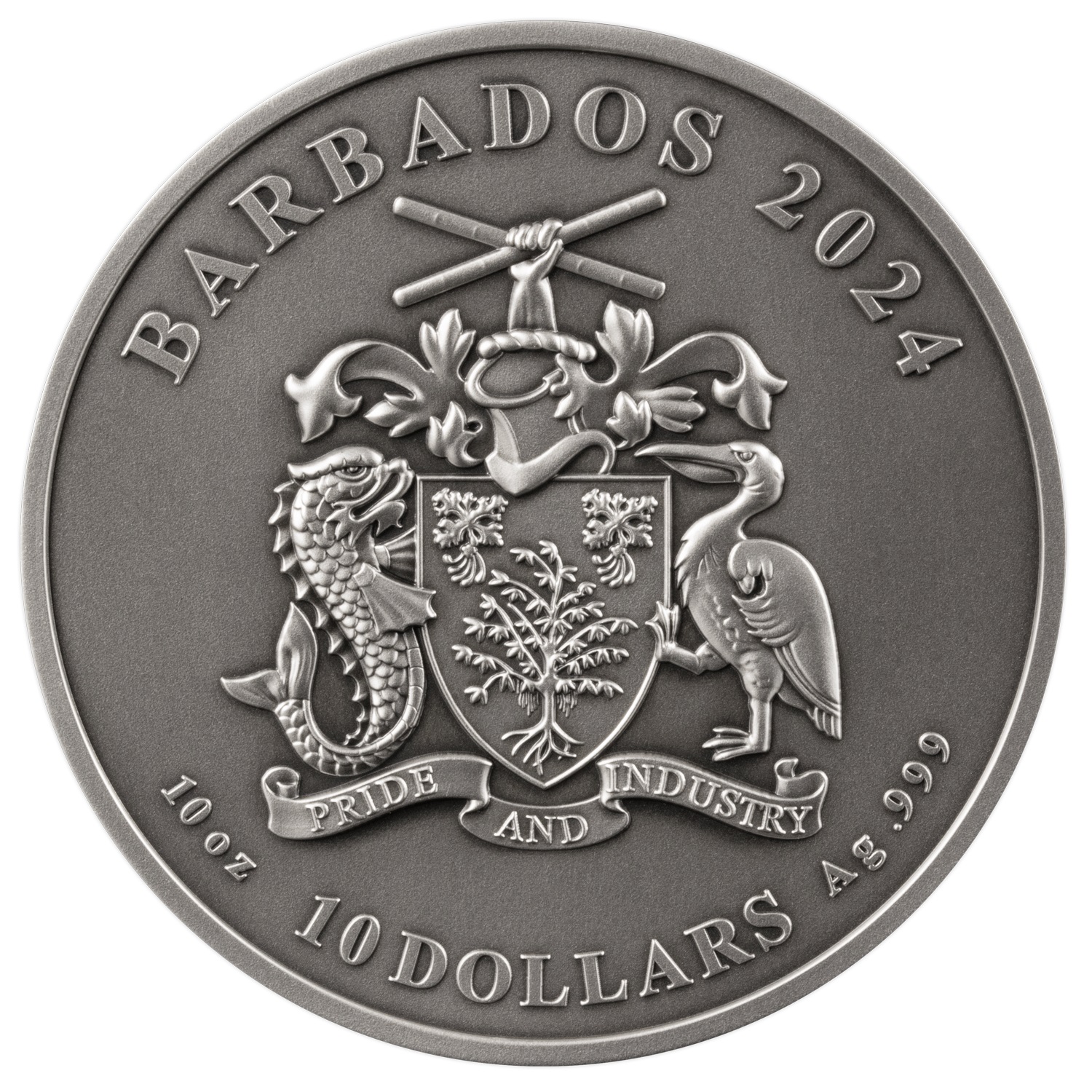 (W022.10.D.2024.10.oz.Ag.1) 10 Dollars Barbados 2024 10 oz Antique silver - Batman, The Dark Knight Obverse (zoom)