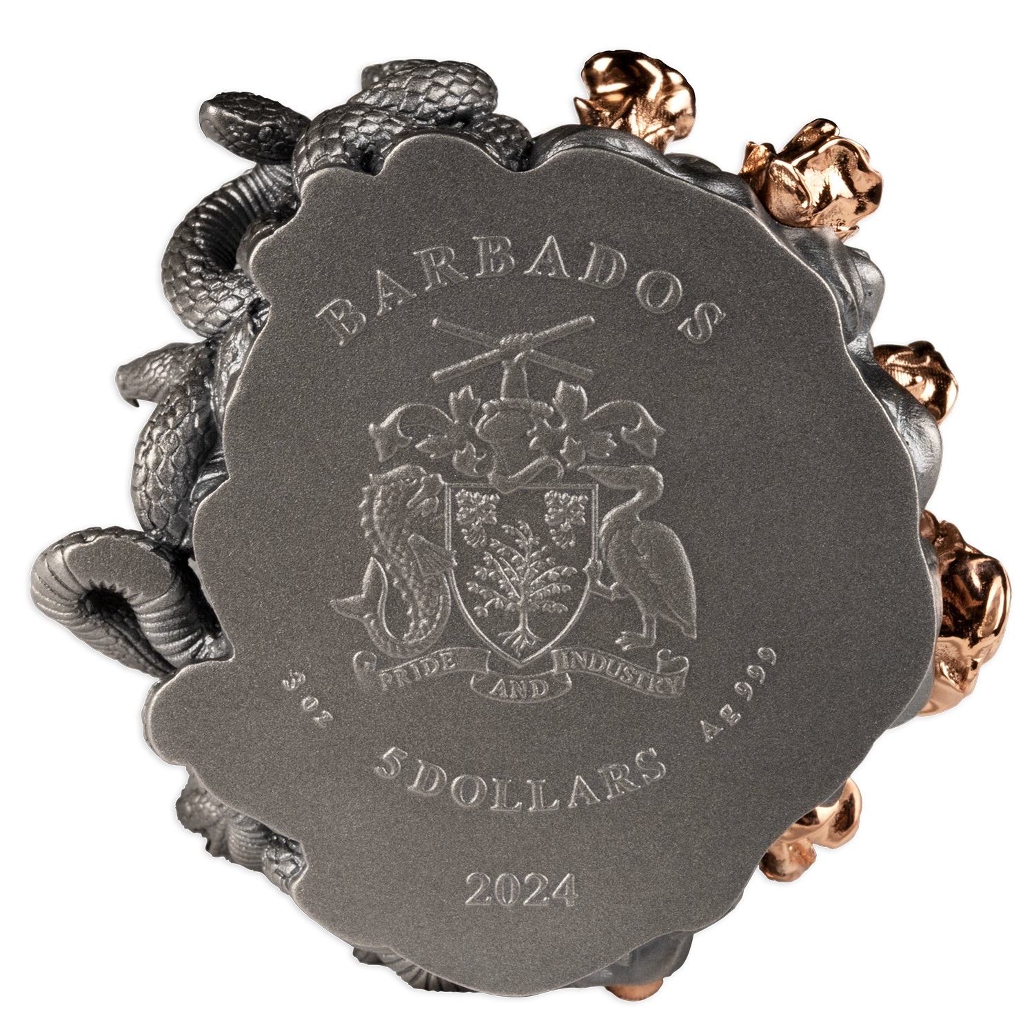 (W022.5.D.2024.3.oz.Ag.1572980118) 5 Dollars Barbados 2024 3 oz Antique silver - Medusa Obverse (zoom)