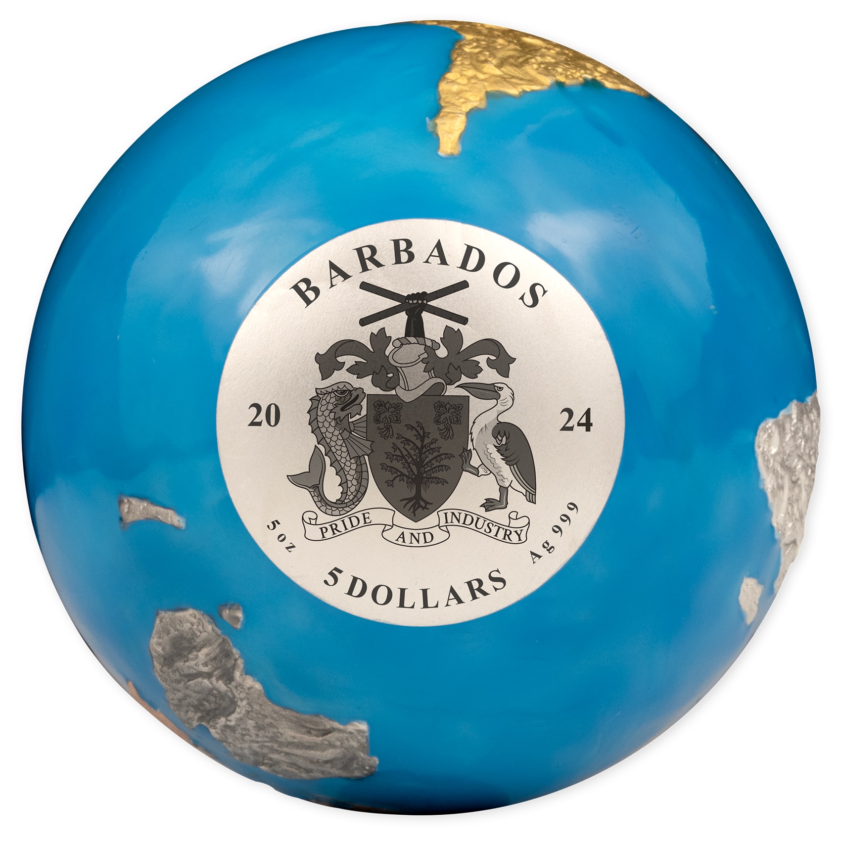 (W022.5.D.2024.5.oz.Ag.1568510101) 5 Dollars Barbados 2024 5 oz BU silver - Glow-in-the-dark Blue Marble (gilded) (zoom)