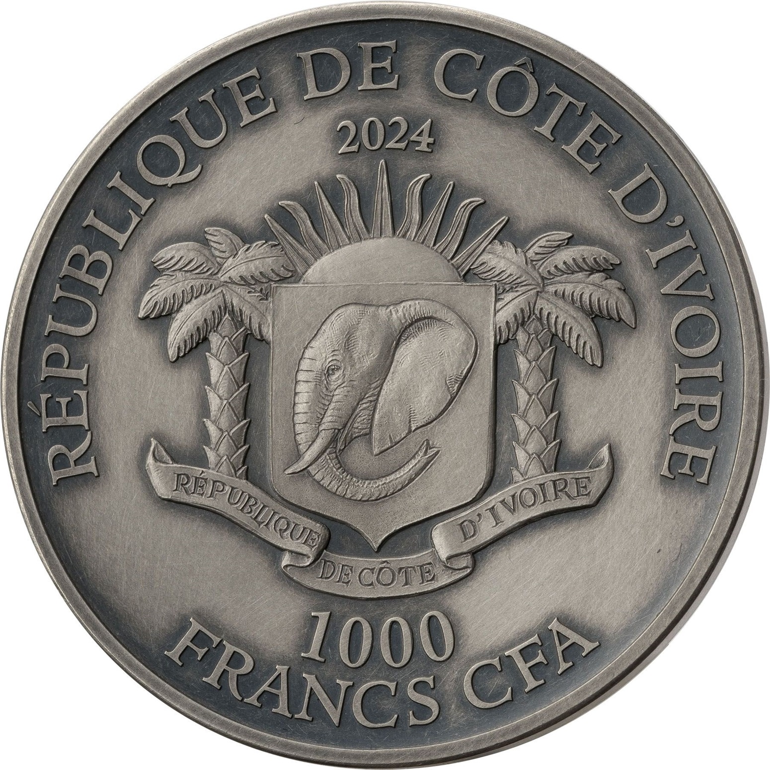 (W049.1.1000.CFA.2024.1.oz.Ag.1144507) 1000 Francs CFA Ivory Coast 2024 1 oz Antique silver - Rhino Obverse (zoom)