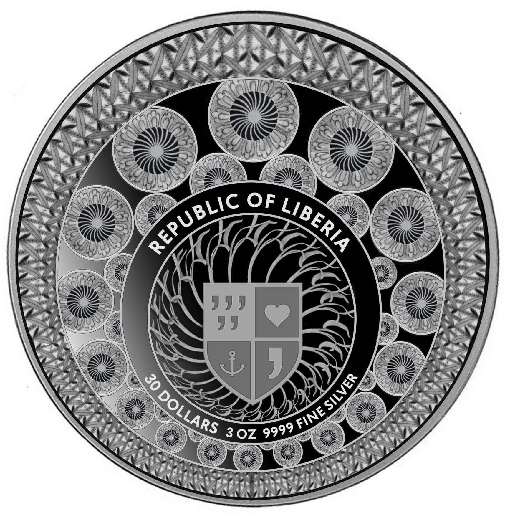(W130.30.D.2024.3.oz.Ag.1) 30 Dollars Republic of Liberia 2024 3 oz Proof silver - Floral Clock Obverse (zoom)