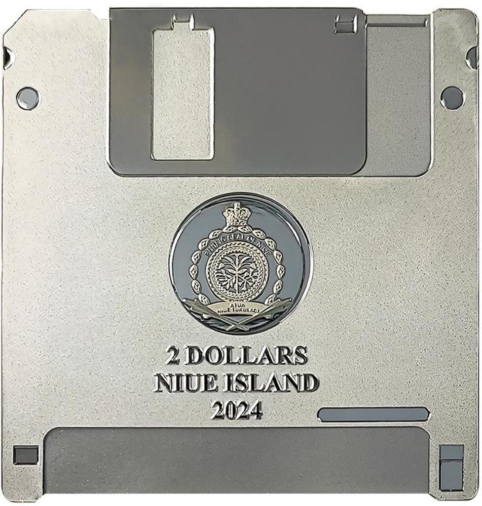 (W160.2.D.2024.2.oz.Ag.1) 2 Dollars Niue 2024 2 oz Silk finish silver - Floppy disk Obverse (zoom)