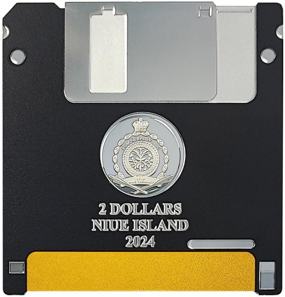 (W160.2.D.2024.2.oz.Ag.2) 2 Dollars Niue 2024 2 oz Silk finish silver - Floppy disk (coloured) Obverse (zoom)