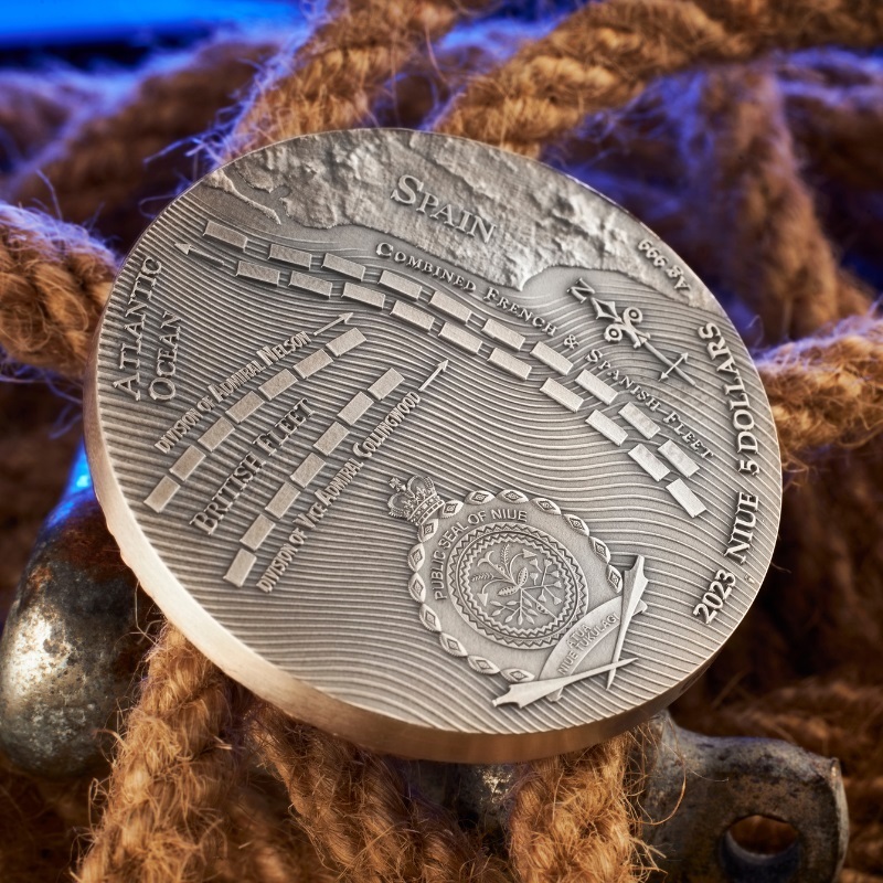 (W160.5.D.2023.5) Niue 5 $ Battle of Trafalgar 2023 - Antique silver (blog illustration) (zoom)