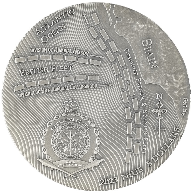 (W160.5.D.2023.5) Niue 5 Dollars Battle of Trafalgar 2023 - Antique silver Obverse (zoom)