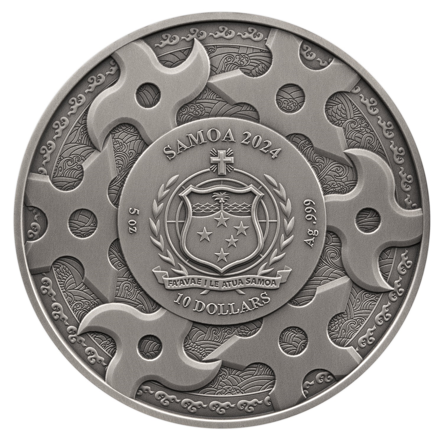 (W193.1.10.D.2024.5.oz.Ag.1568910111) 10 Dollars Samoa 2024 5 oz Antique silver - Samurai Obverse (zoom)