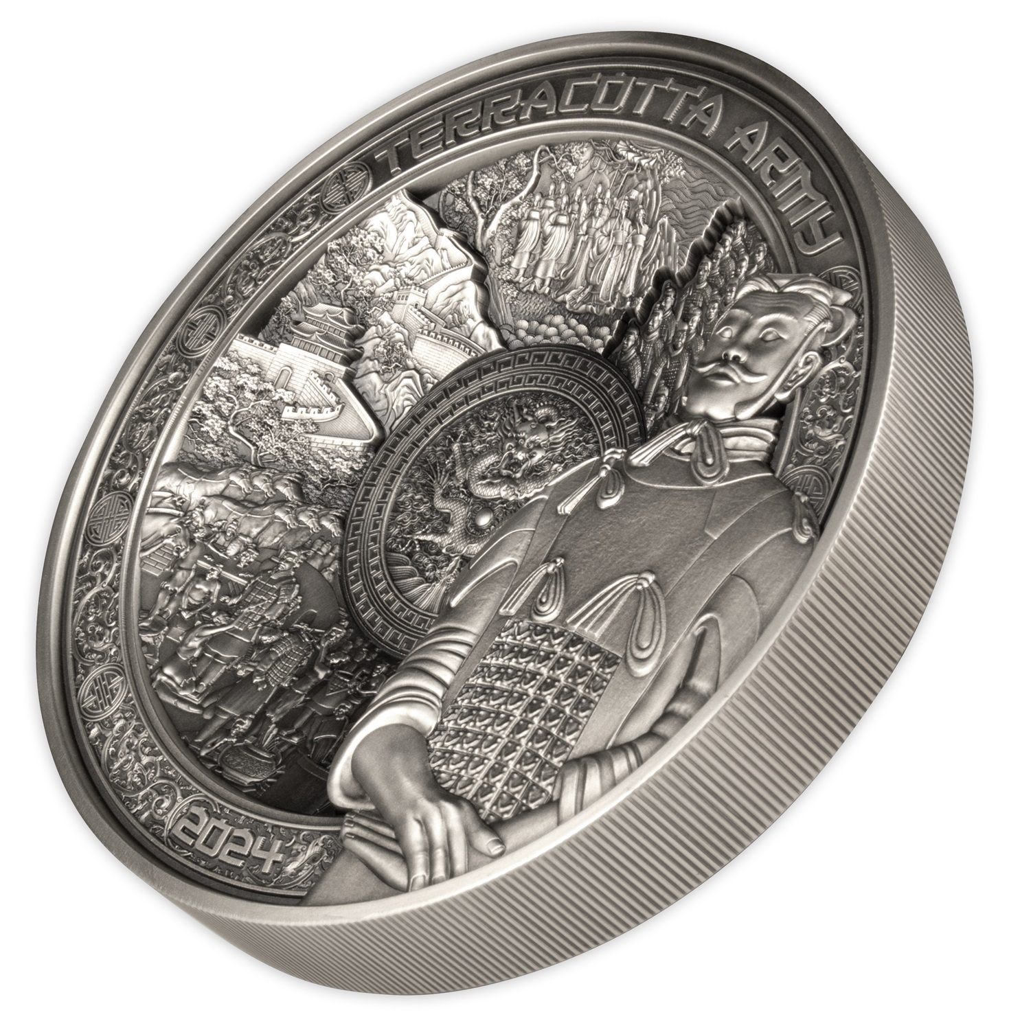 (W193.1.25.D.2024.1.kg.Ag.1572990117) 25 Dollars Samoa 2024 1 kilogram Antique silver - Terracotta Army (edge) (zoom)