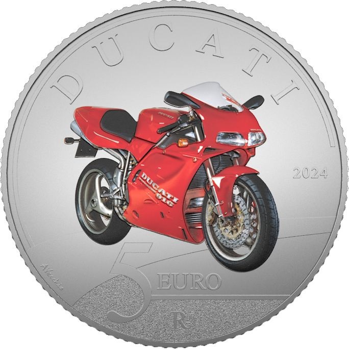 (EUR10.BU.set.2024.48-2ms10-24f021) Triptych 5 euro Italy 2024 BU silver - Ducati (916 coin reverse) (zoom)