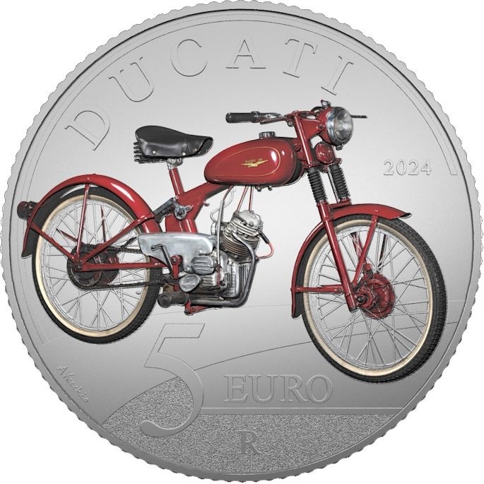 (EUR10.BU.set.2024.48-2ms10-24f021) Triptych 5 euro Italy 2024 BU silver - Ducati (Cucciolo coin reverse) (zoom)