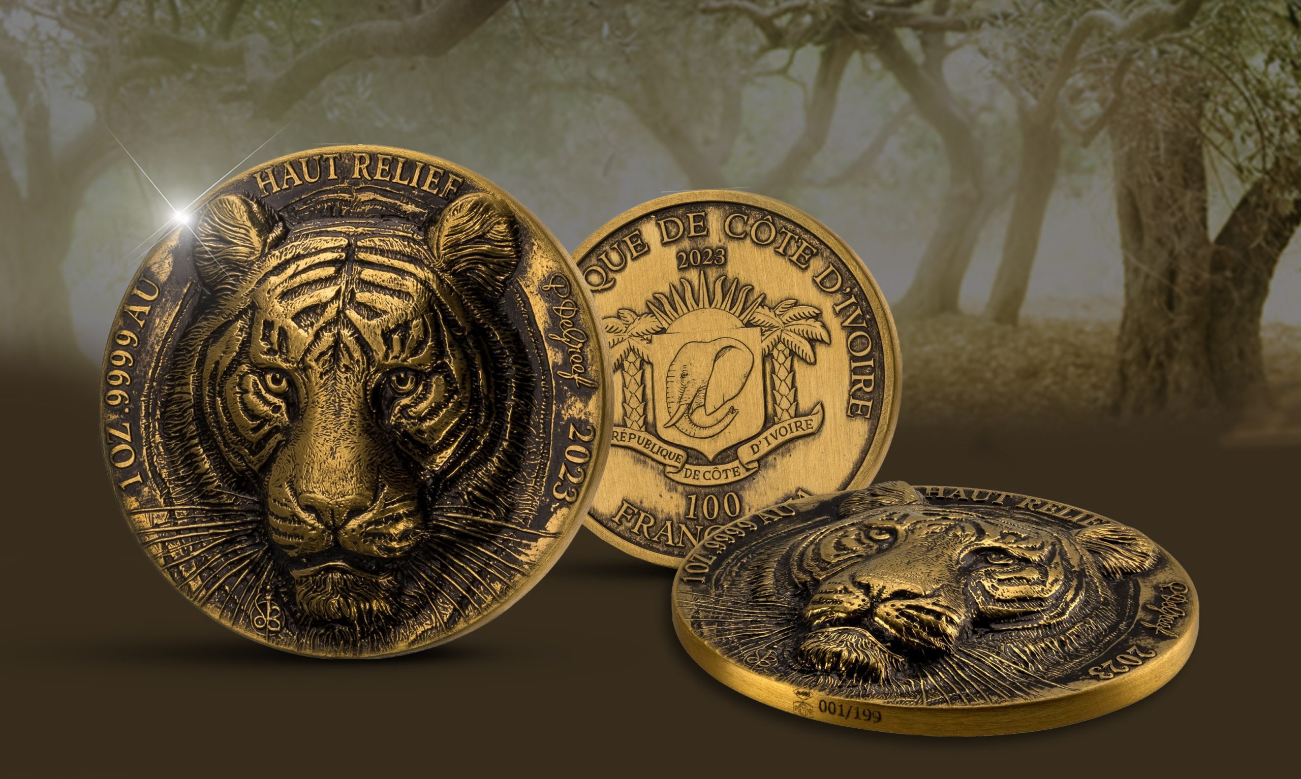 (W049.1.100.CFA.2023.1.oz.Au.1118982) 100 Francs CFA Ivory Coast 2023 1 ounce Antique gold - Tiger (blog) (zoom)