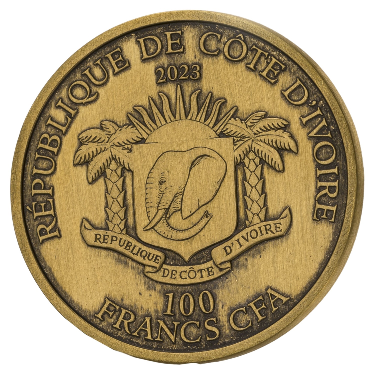 (W049.1.100.CFA.2023.1.oz.Au.1118982) 100 Francs CFA Ivory Coast 2023 1 oz Antique gold - Tiger Obverse (zoom)