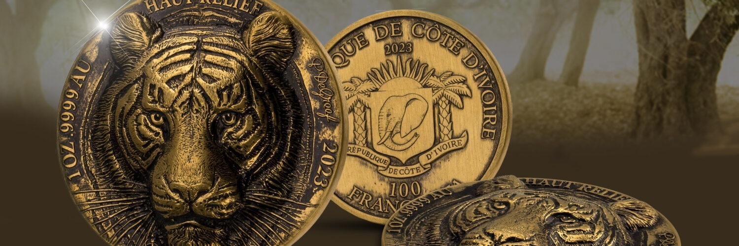(W049.1.100.CFA.2023.1.oz.Au.1118982) 100 Francs CFA Ivory Coast 2023 1 oz Antique gold - Tiger (blog illustration) (zoom)
