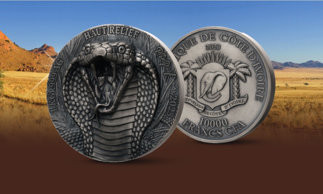 (W049.1.10000.CFA.2023.1.kg.Ag.1125459) 10000 Francs CFA Ivory Coast 2023 1 kilogram Antique silver - Cobra (blog) (zoom)