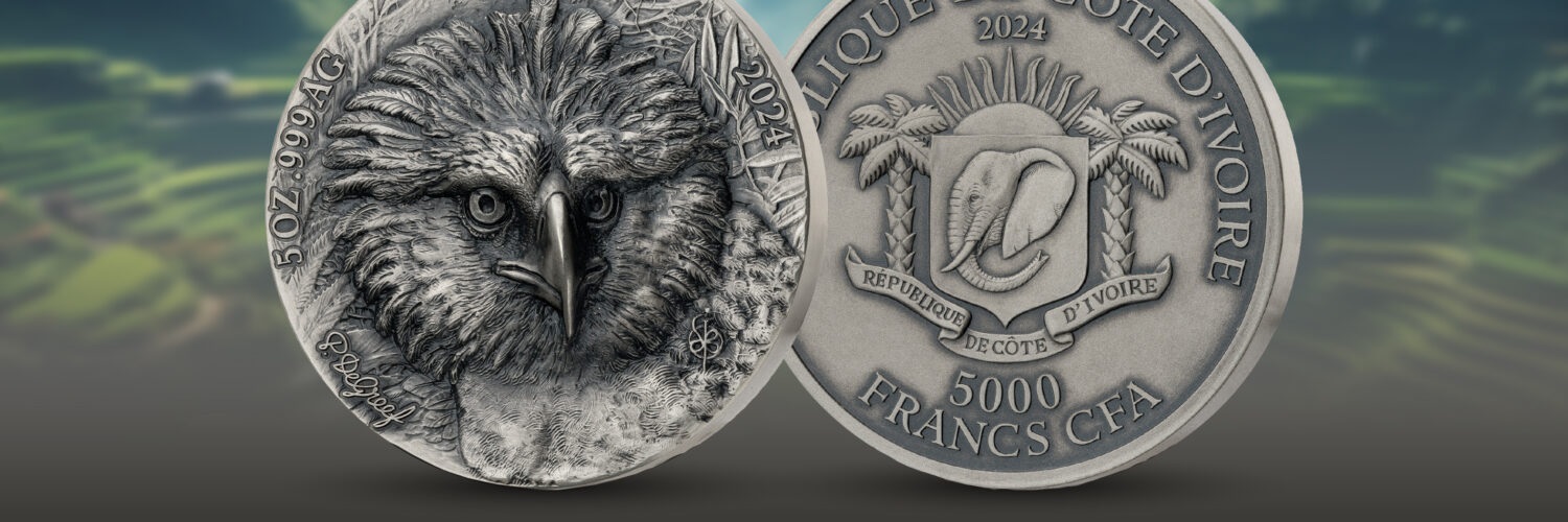 (W049.1.5000.CFA.2024.5.oz.Ag.1143444) 5000 Francs CFA Ivory Coast 2024 5 oz Antique Ag - Philippine Eagle (blog) (zoom)