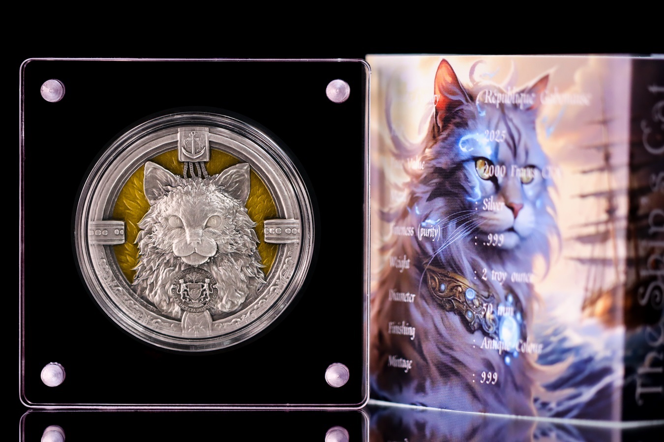 (W076.2000.CFA.2025.2.oz.Ag.1) 2000 Francs CFA Gabon 2025 2 ounces Antique silver - Ship s cat (zoom)