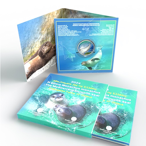 (EUR08.Proof.2024.5.E.1) 5 € Greece 2024 Proof Ag - The Mediterranean monk seal (packaging) (zoom)