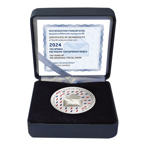(EUR08.Proof.2024.6.E.1) 6 € Greece 2024 Proof Ag - 150 years of the Universal postal union (case) (zoom)