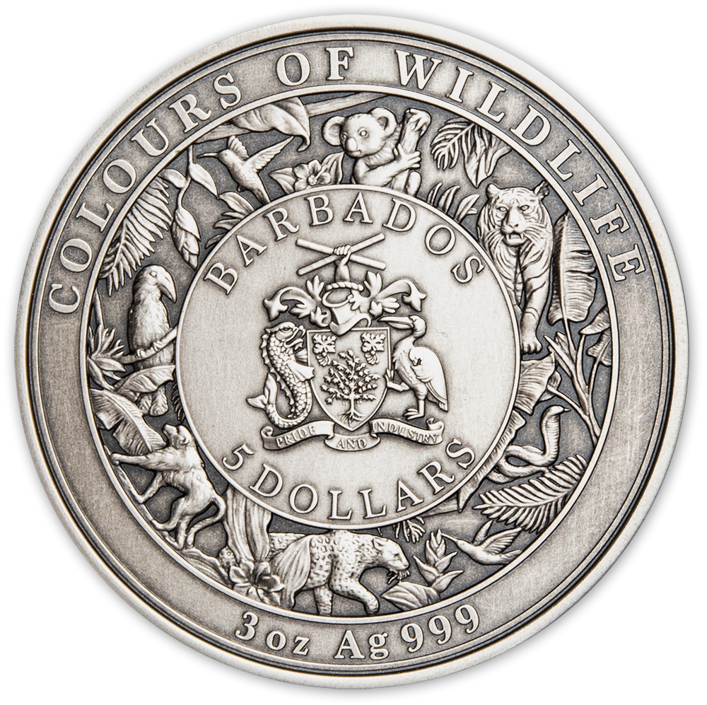 (W022.5.D.2024.3.oz.Ag.1573210119) 5 Dollars Barbados 2024 3 oz Antique silver - Jaguar Obverse (zoom)