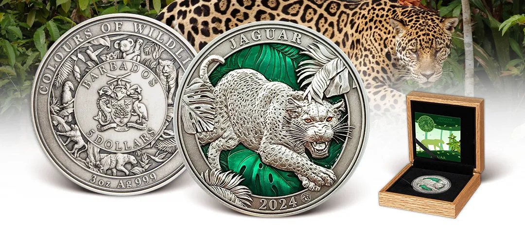 (W022.5.D.2024.3.oz.Ag.1573210119) 5 Dollars Barbados 2024 3 oz Antique silver - Jaguar (blog illustration) (zoom)
