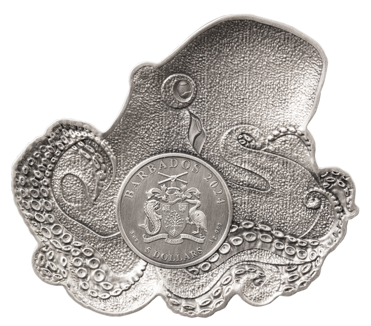 (W022.5.D.2024.3.oz.Ag.1583140116) 5 Dollars Barbados 2024 3 oz Antique silver - The Octopus Obverse (zoom)