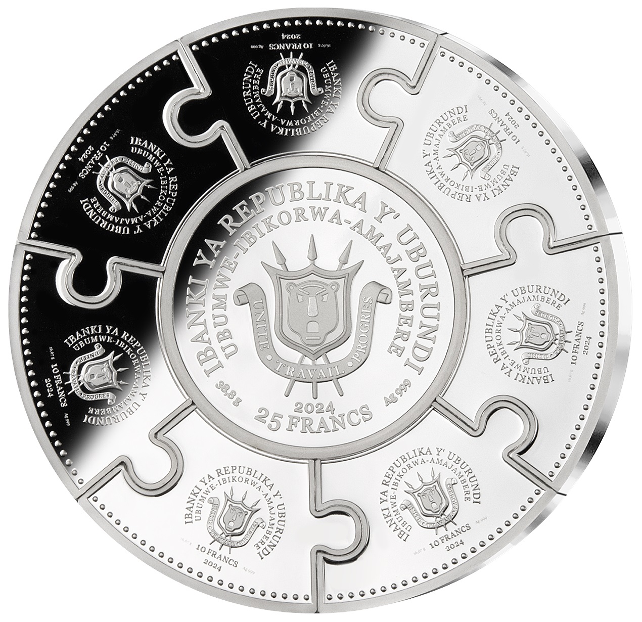 (W034.95.F.2024.5.oz.Ag.1567410147) Puzzle coin set (95 Francs) Burundi 2024 (5 oz) Proof silver - Wonders of the World O (zoom)