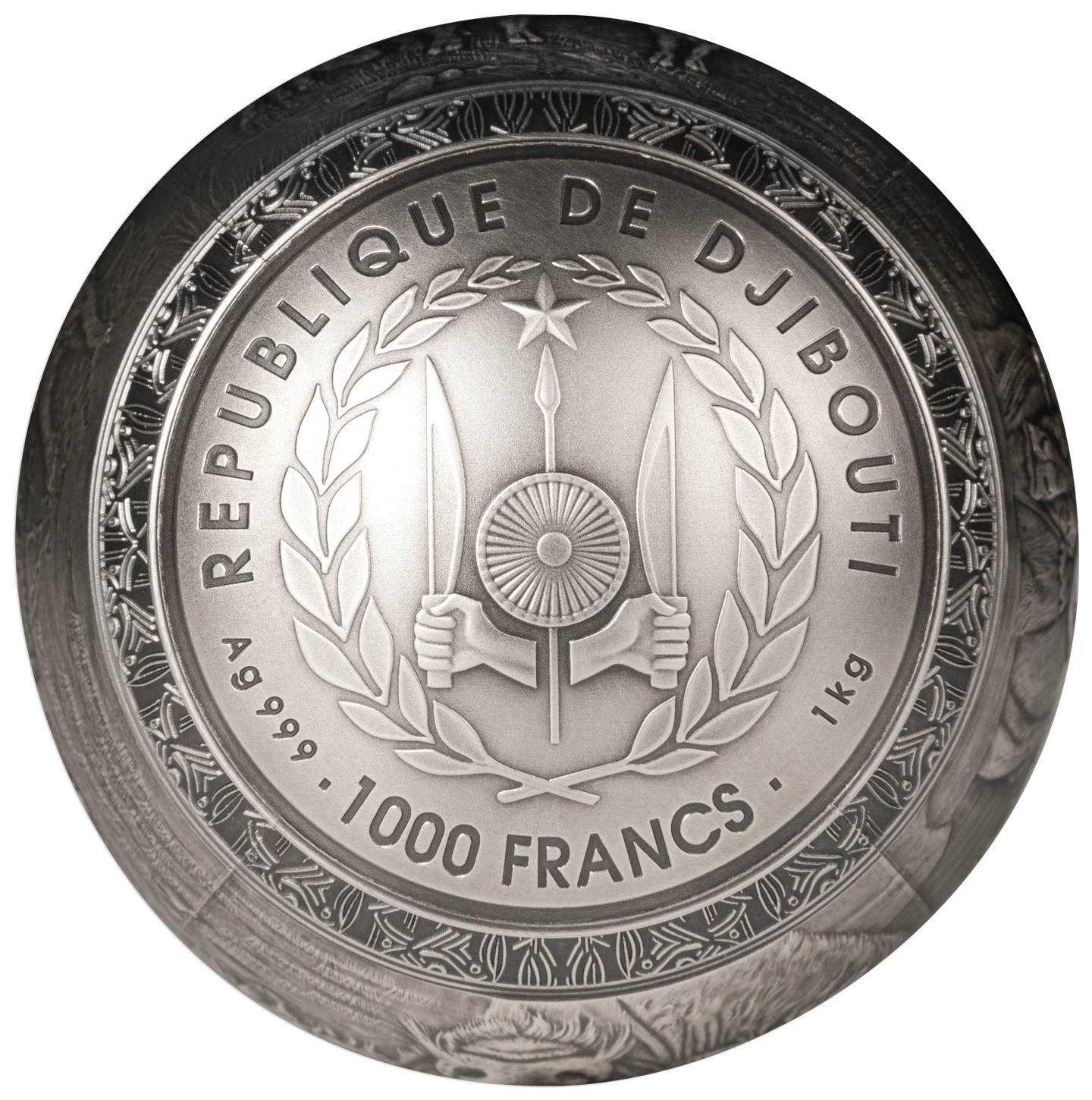 (W057.1000.F.2024.1.kg.Ag.1565460102) 1000 Francs Djibouti 2024 1 kilogram Antique silver - Buffalo (view on face value) (zoom)