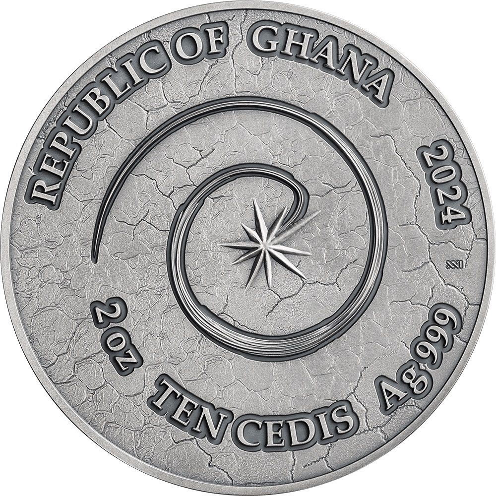 (W079.10.C.2024.2.oz.Ag.3) 10 Cedis Ghana 2024 2 oz Antique silver - Dragon Obverse (zoom)
