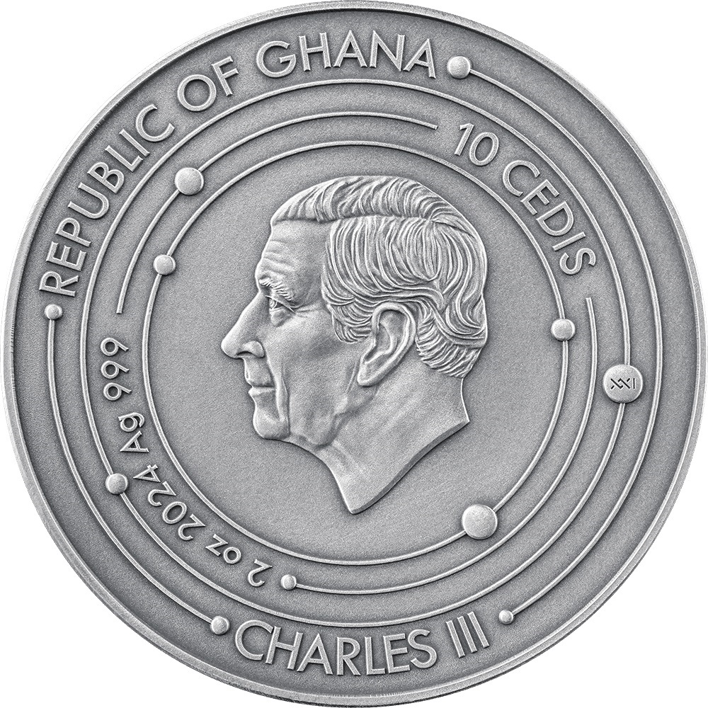 (W079.10.C.2024.2.oz.Ag.5) 10 Cedis Republic of Ghana 2024 2 oz Antique silver - Mars Obverse (zoom)