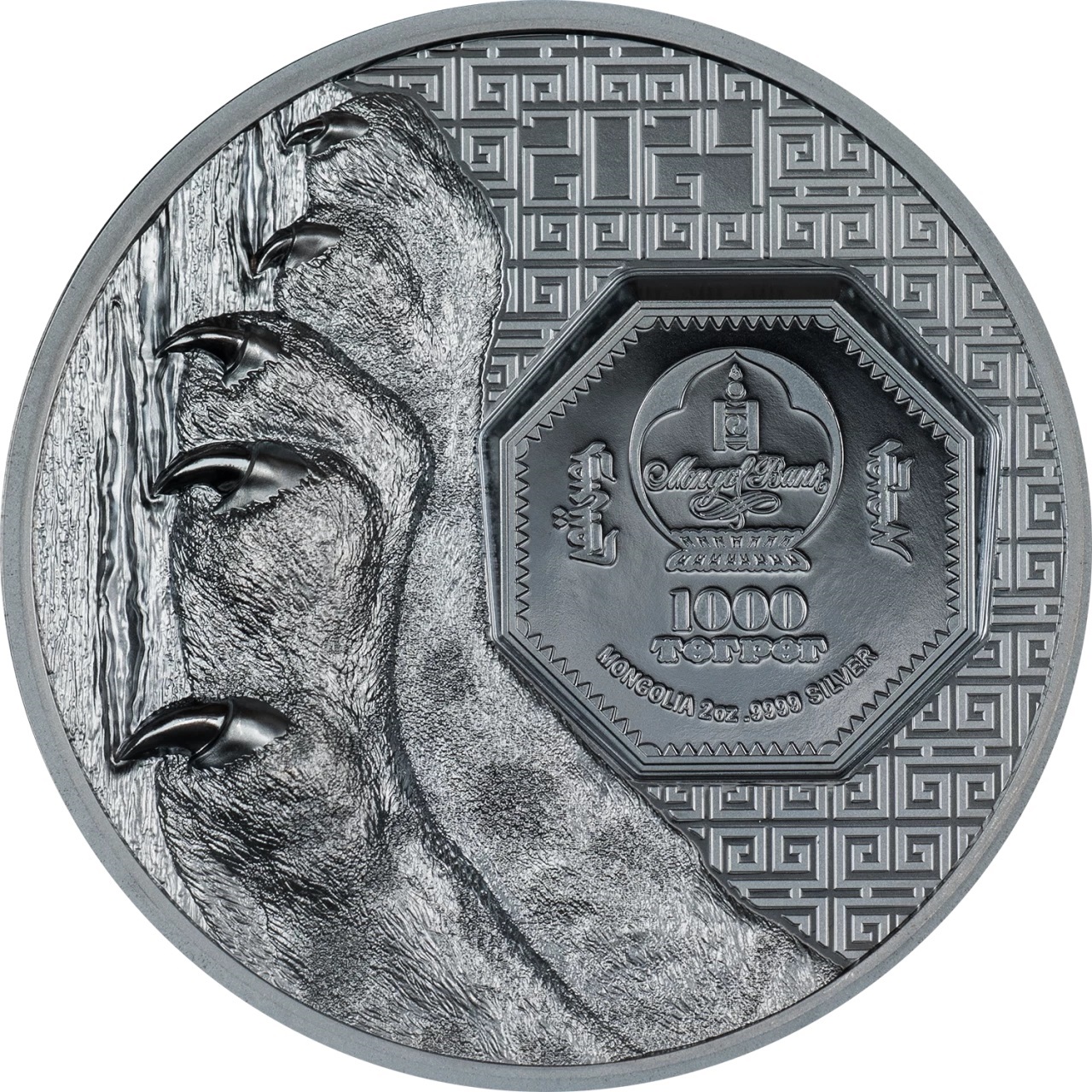 (W151.1000.Tögrög.2024.30572) 1000 Tögrög Mongolia 2024 2 oz Black Proof silver - Snow leopard Obverse (zoom)