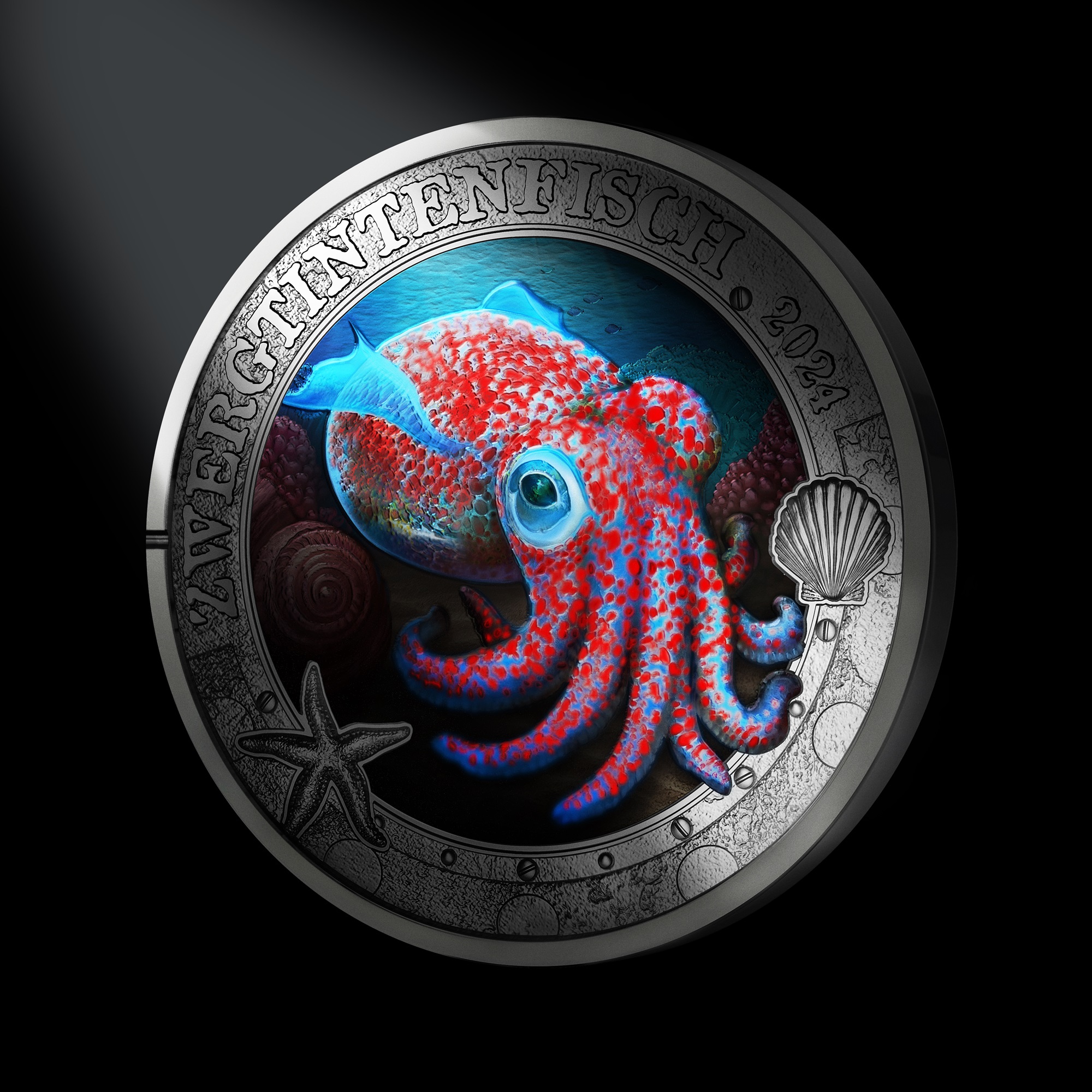 (EUR01.Unc.2024.25906) 3 € Austria 2024 - Hawaiian bobtail squid Reverse (glow-in-the-dark) (zoom)