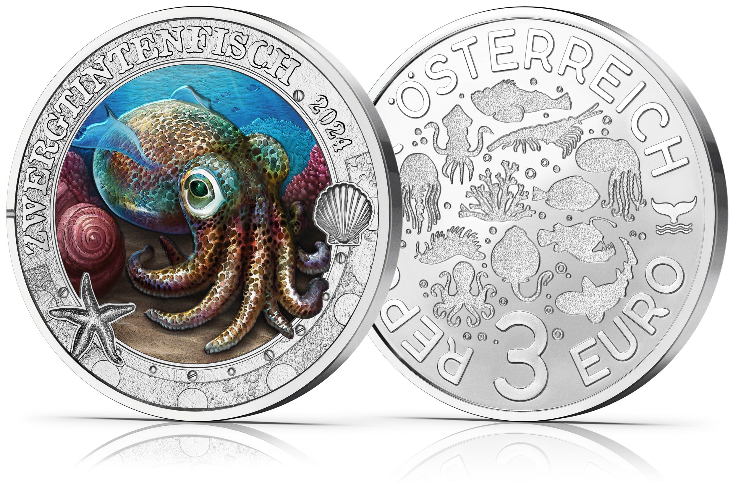 (EUR01.Unc.2024.25906) 3 € Austria 2024 - Hawaiian bobtail squid (zoom)