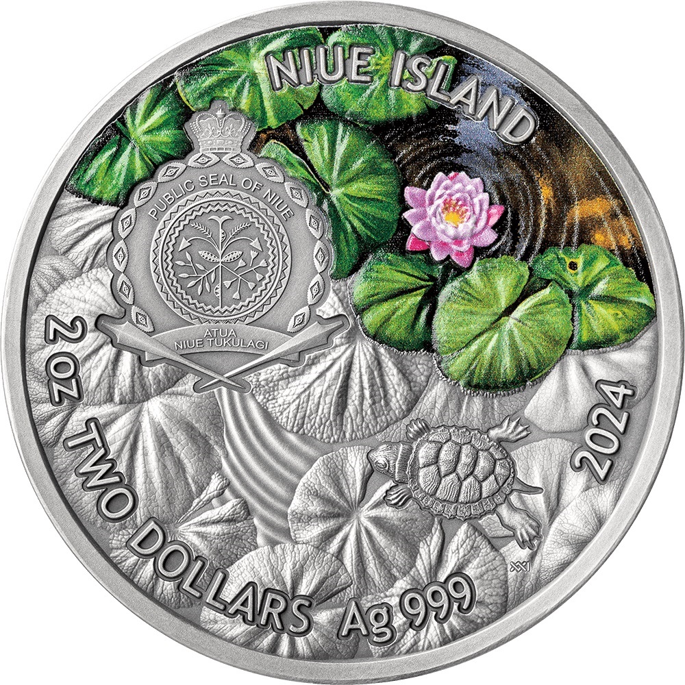 (W160.2.D.2024.2.oz.Ag.4) 2 Dollars Niue 2024 2 oz Antique silver - Red-Eared Turtle Obverse (zoom)