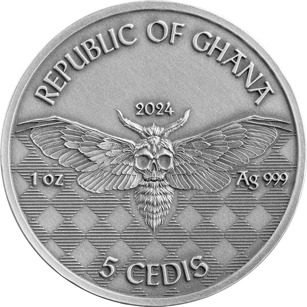 (W079.5.C.2024.1.oz.Ag.3) 5 Cedis Ghana 2024 1 oz Antique silver - Biker Obverse (zoom)