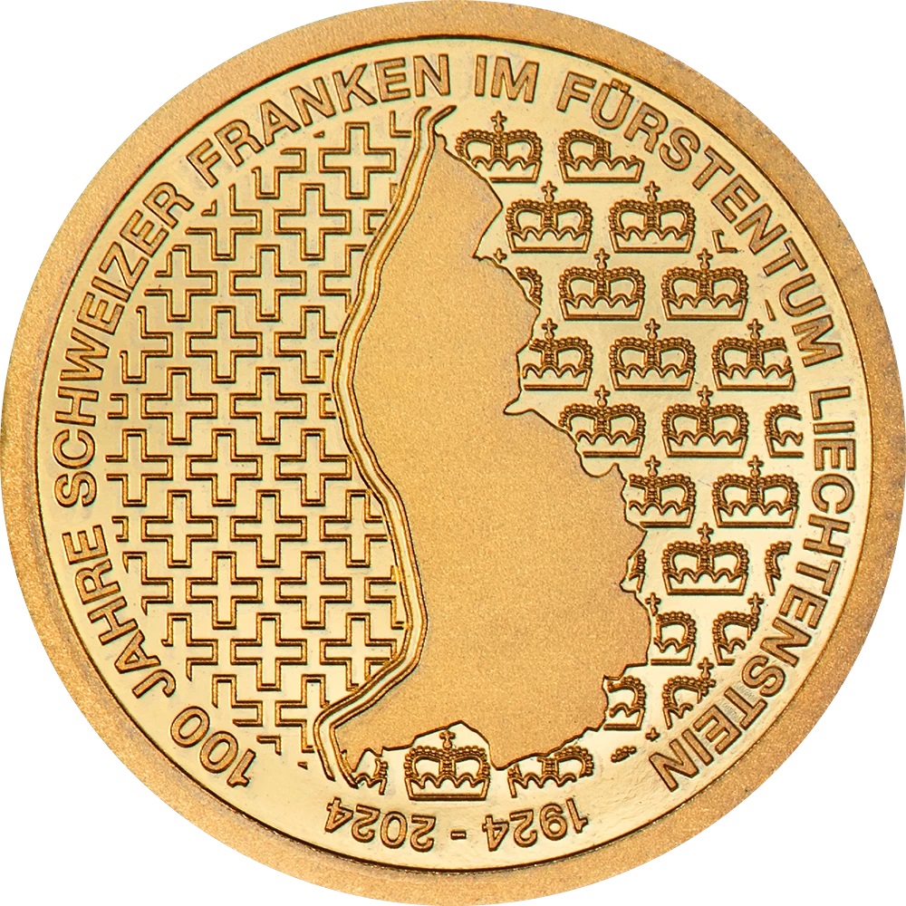 (W132.10.F.2024.30862) Liechtenstein 10 Franken 100 years of the Swiss Franc as national currency 2024 - Proof gold Reverse (zoom)