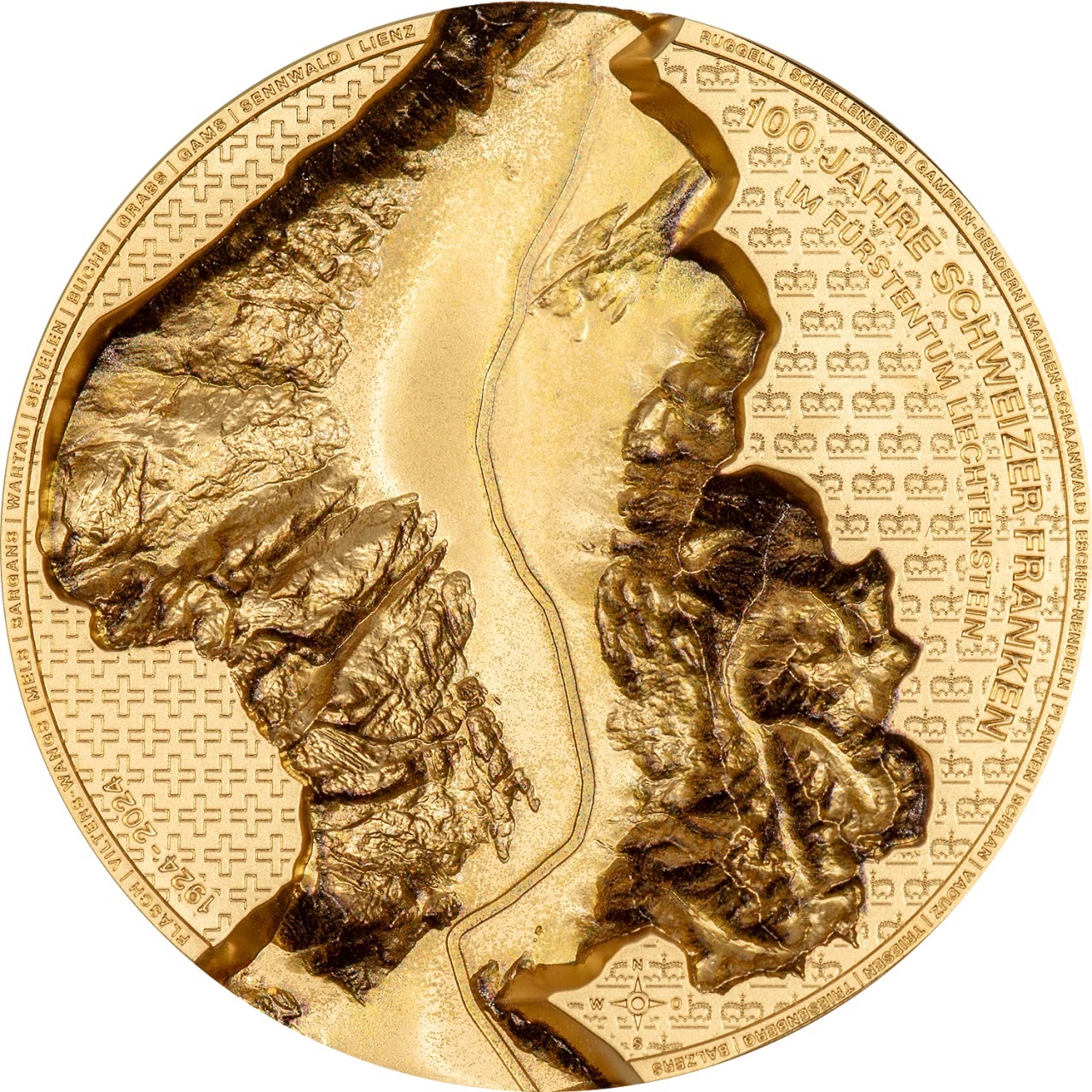 (W132.100.F.2024.30863) Liechtenstein 100 Franken Swiss Franc 2024 - Silk finish gold Reverse (zoom)