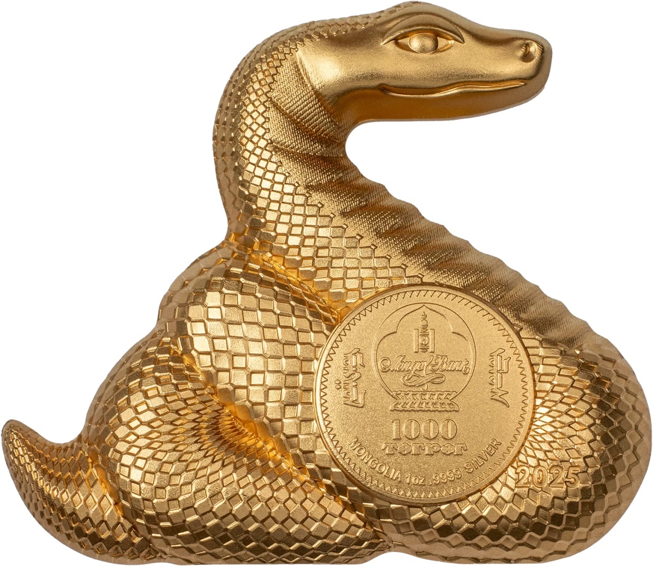 (W151.1000.Tögrög.2025.30716) 1000 Tögrög Mongolia 2025 1 oz Silk finish gilded silver - Year of the Snake Obverse (zoom)