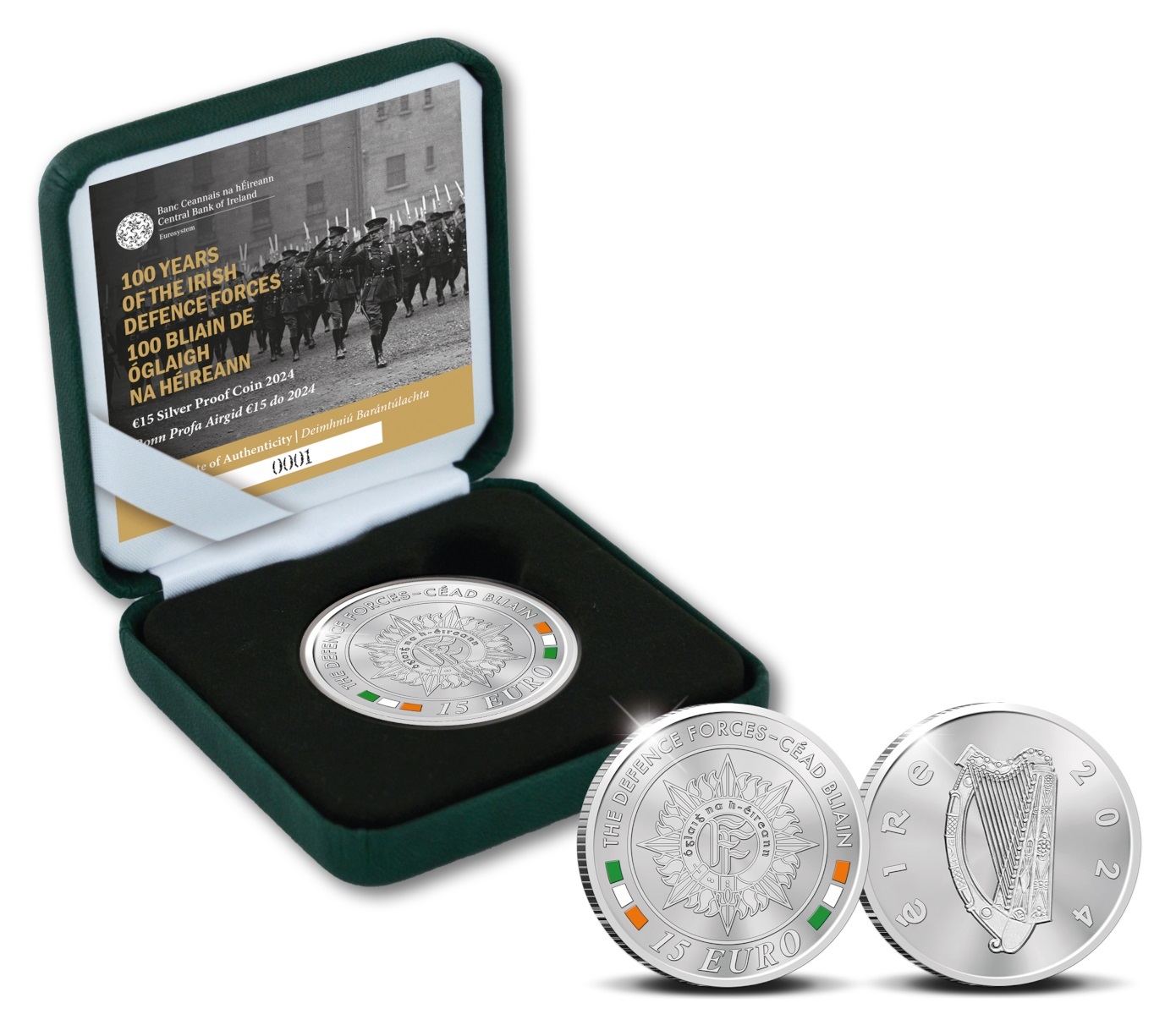 (EUR09.Proof.2024.IE2415) 15 euro Ireland 2024 Proof Ag - 100 Years of the Irish Defence Forces (packaging) (zoom)