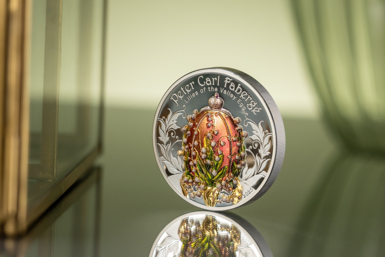 (W151.1000.Tögrög.2025.30812) 1000 Tögrög Mongolia 2025 2 oz Proof Ag - Fabergé Lilies of the Valley Egg (blog) (zoom)