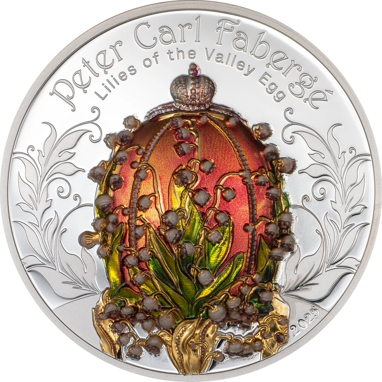 (W151.1000.Tögrög.2025.30812) 1000 Tögrög Mongolia 2025 2 oz Proof silver - Peter Carl Fabergé Lilies of the Valley Egg R (zoom)