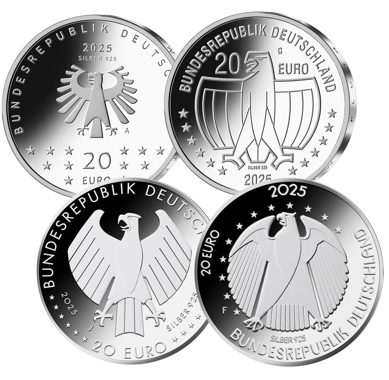 (EUR03.Proof.set.2025.912025S5) Coin set Germany 2025 Proof silver (the 4 coins) (20 euro coins obverses) (zoom)