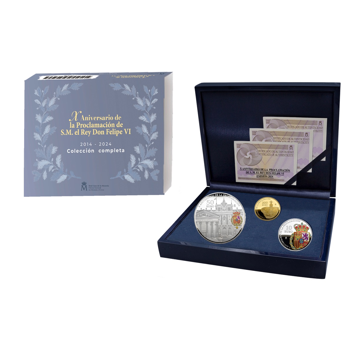 (EUR05.Proof.set.2024.92947018) Triptych set 10, 50 and 200 euro Spain 2024 Proof - 10 years of the induction of King Felipe VI (zoom)